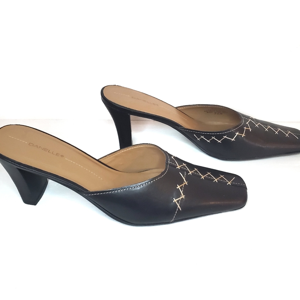 Danelle black leather stitch detailing mules